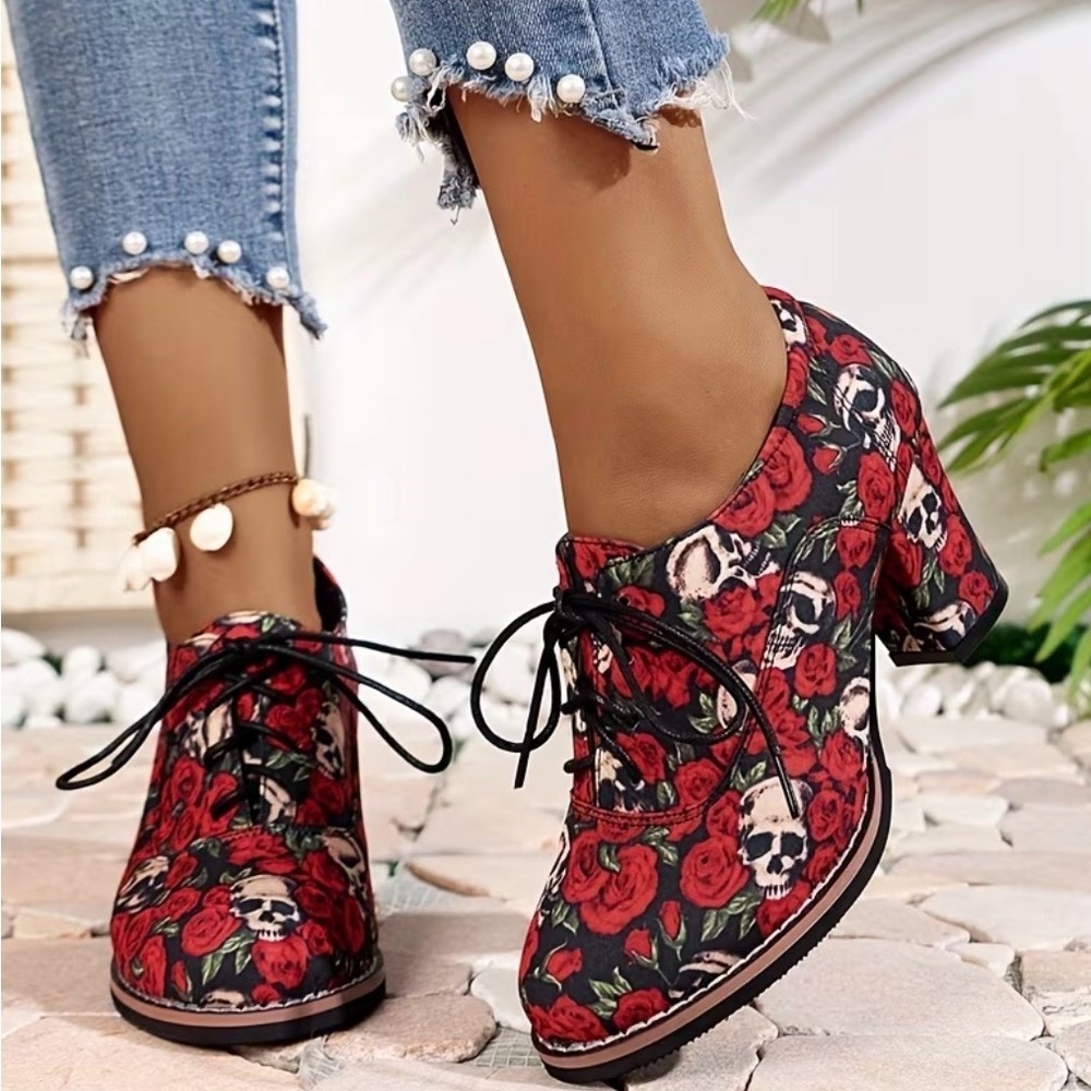 Red Floral Skull Lace-Up Heels